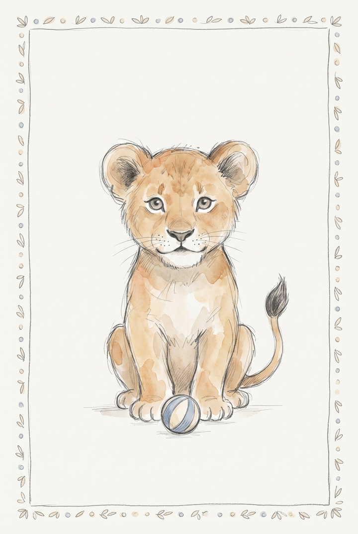 Watercolor sketch of a sitting striped ball lion cub wall art piece with a decorative border of leaves and dots.