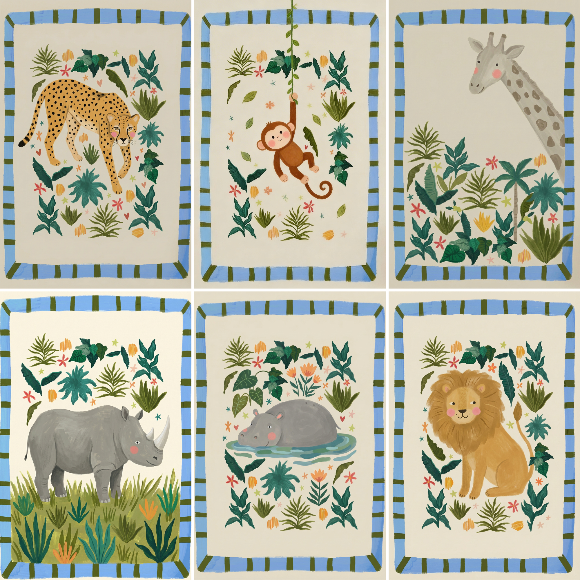 Striped Border Jungle Animal Wall Art Set of 6 - Wild Safari Prints