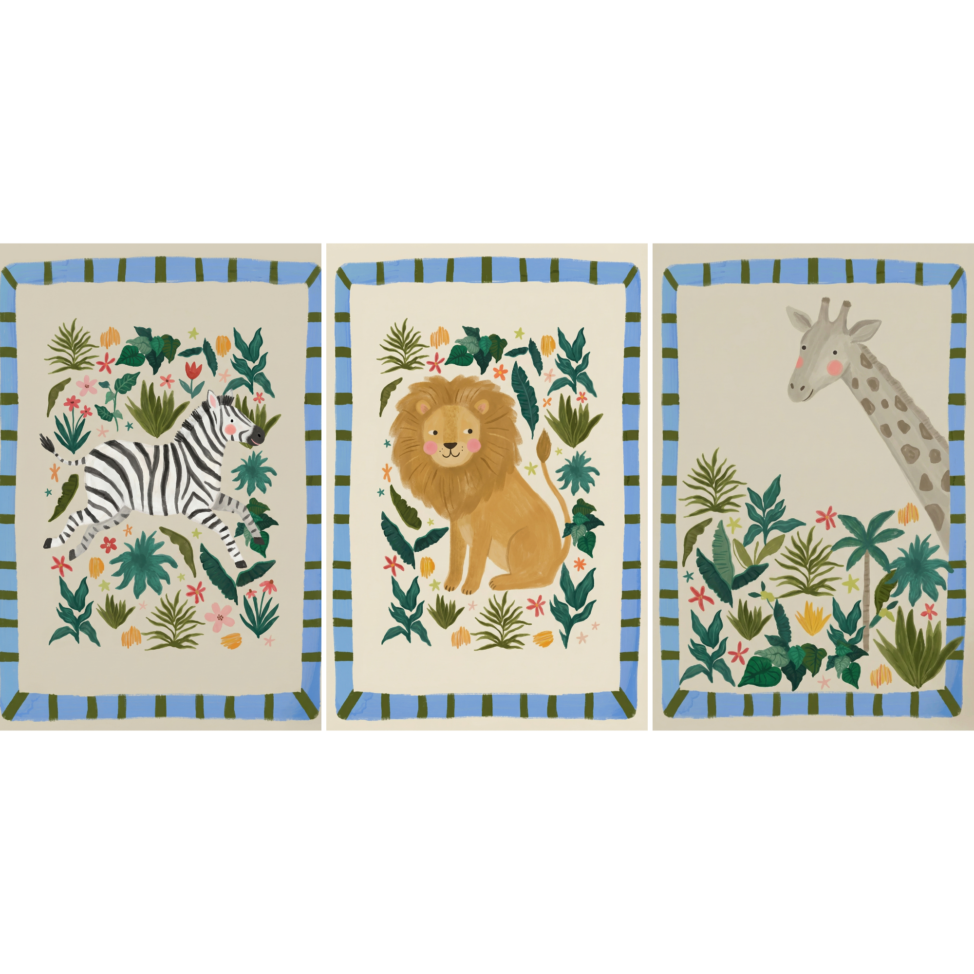 Striped Border Safari Animal Wall Art Set of 3 - Savanna Nursery Art
