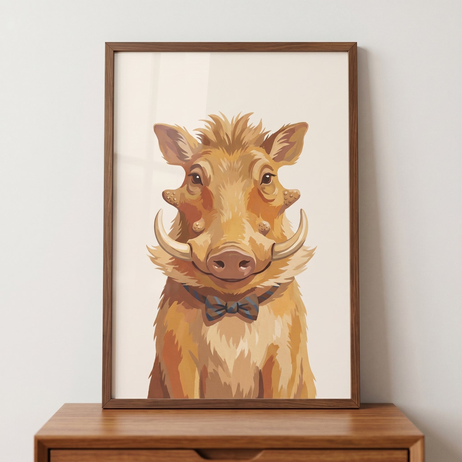 Striped bow tie warthog wall art in a wooden frame featuring a smiling animal with tusks and a mane in warm brown tones.