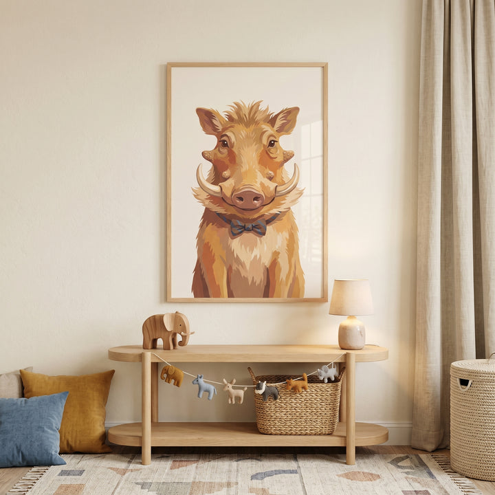 Striped bow tie warthog wall art above a console table with animal toys, a lamp, and a basket on a patterned rug.