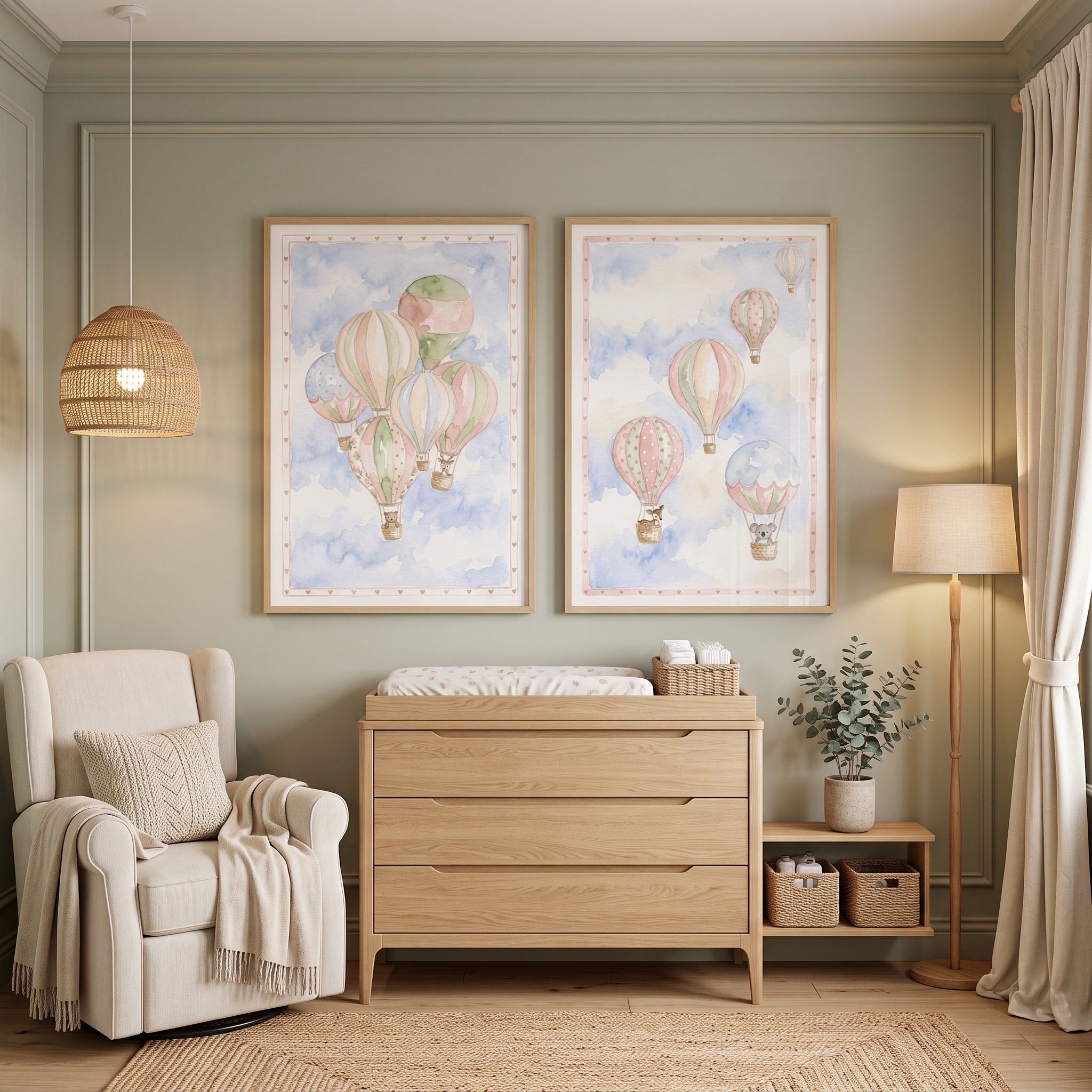 Striped Hot Air Balloon Wall Art Set Of 2 - Floating Pastel Dreams
