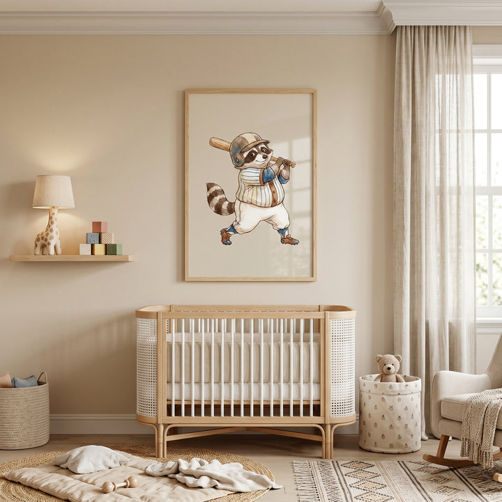 Striped jersey baseball raccoon print displayed above a wooden crib in a minimalist nursery with neutral decor.