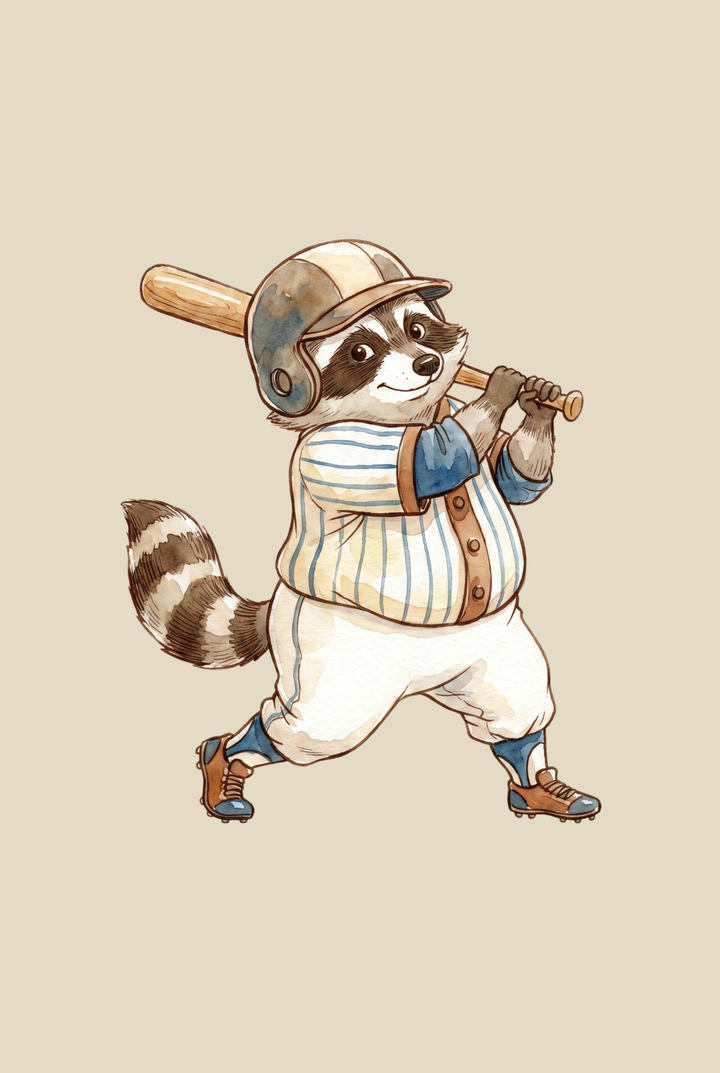 Illustrated striped jersey baseball raccoon print of a cute raccoon athlete wearing a helmet and holding a wooden bat.