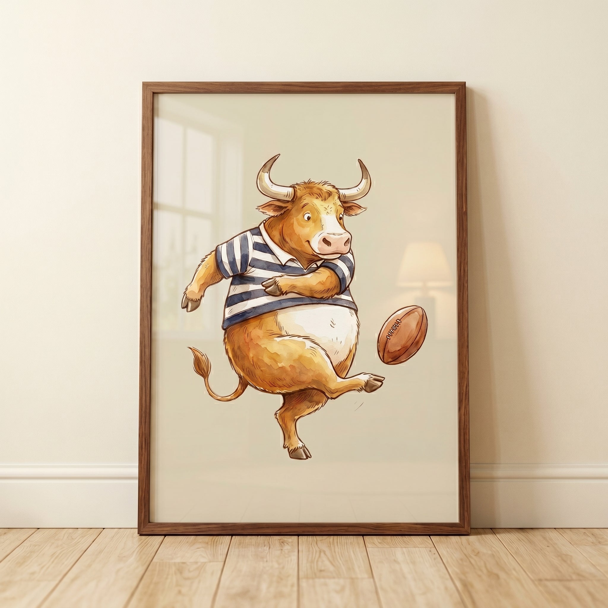 Striped Jersey Kicking Bull Wall Art - Sporty Bull Kicker