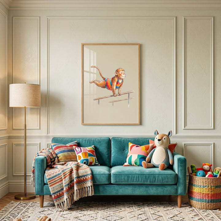 Striped leotard gymnast monkey wall art hangs above a teal sofa with colorful pillows, a floor lamp, and a toy basket.