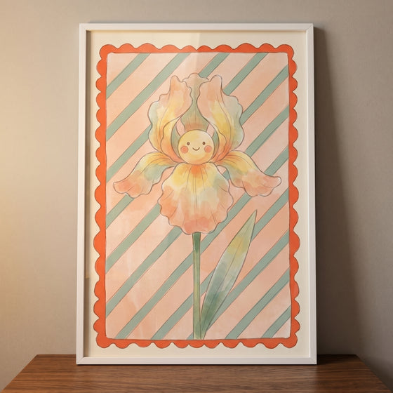 Striped peach iris flower wall art with a cute smiling face, scalloped orange border, and white frame on a wooden surface.