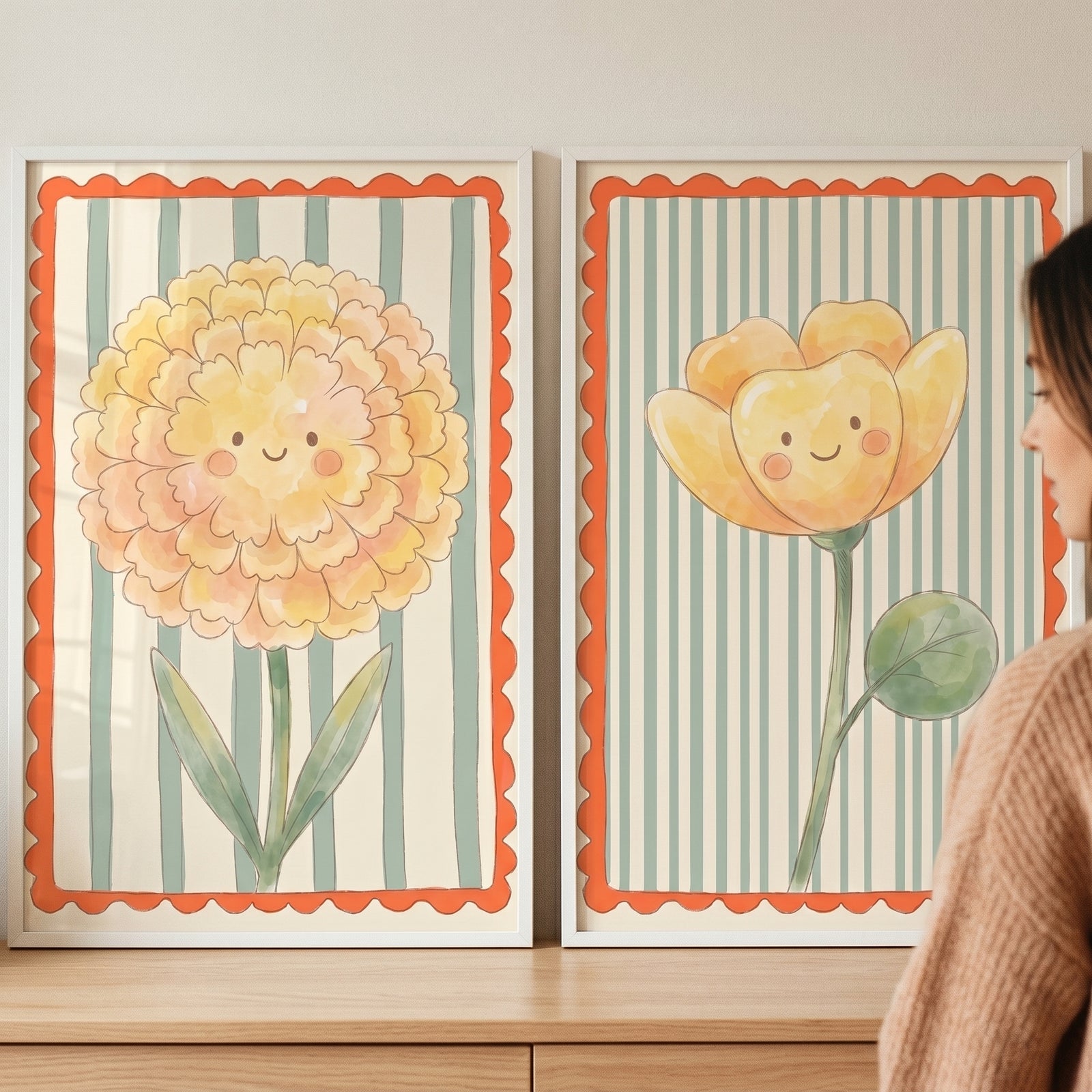 Striped sage smiling flower wall art set of 2 features two yellow blossoms with cute faces and red scalloped borders.