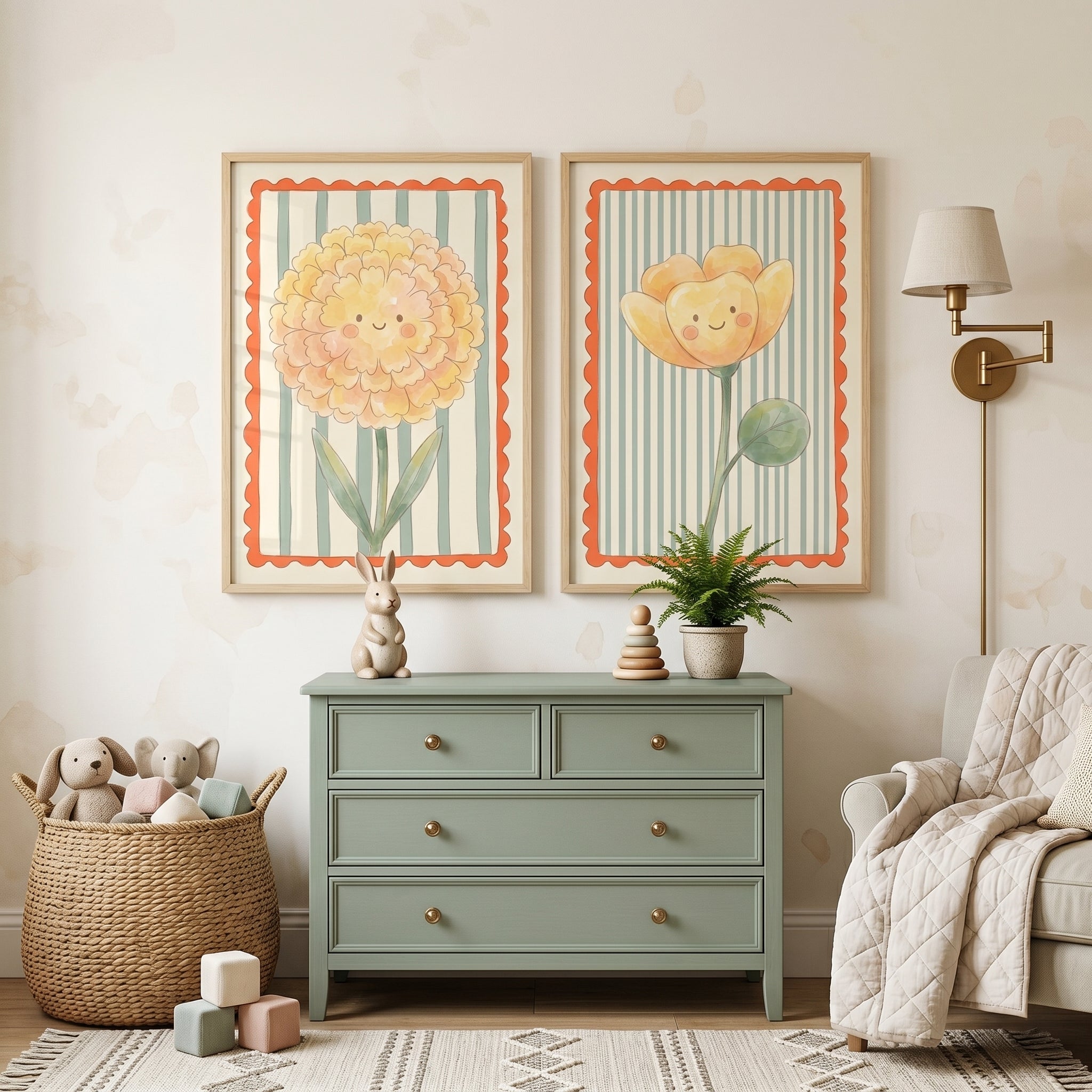 Striped Sage Smiling Flower Wall Art Set of 2 - Cheerful Sunny Buds