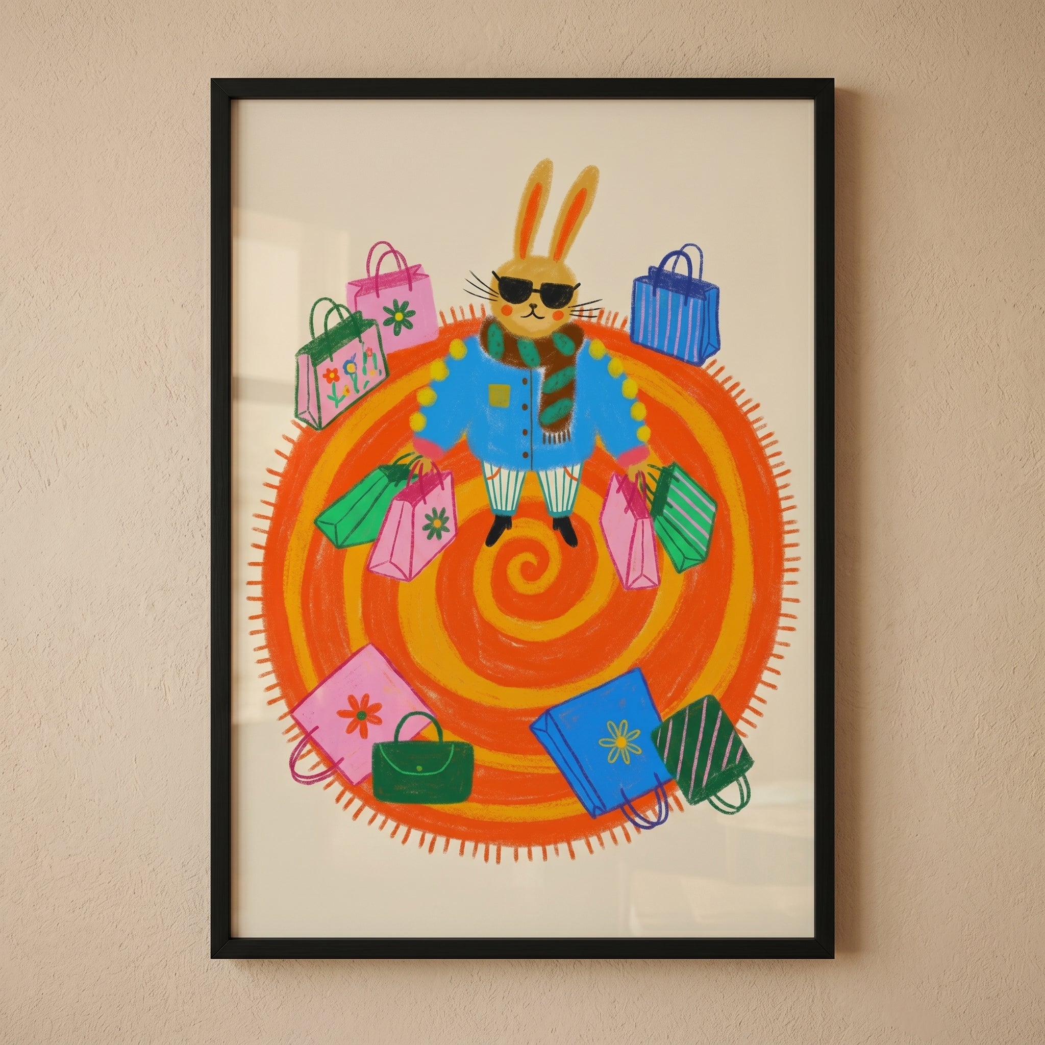 Striped Scarf Shopping Rabbit Print - Stylish Shopping Bunny