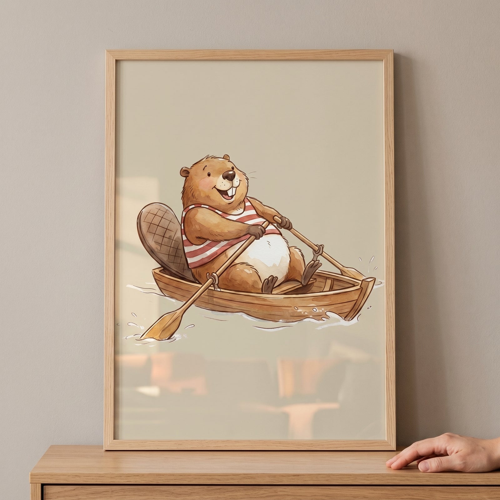 Framed striped shirt rowing beaver wall art shows a smiling cartoon beaver rowing a wooden boat.