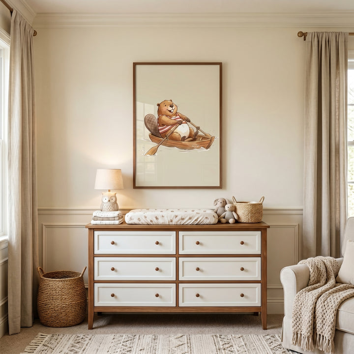 Striped shirt rowing beaver wall art hangs over a dresser with white drawers in a serene nursery with neutral curtains.