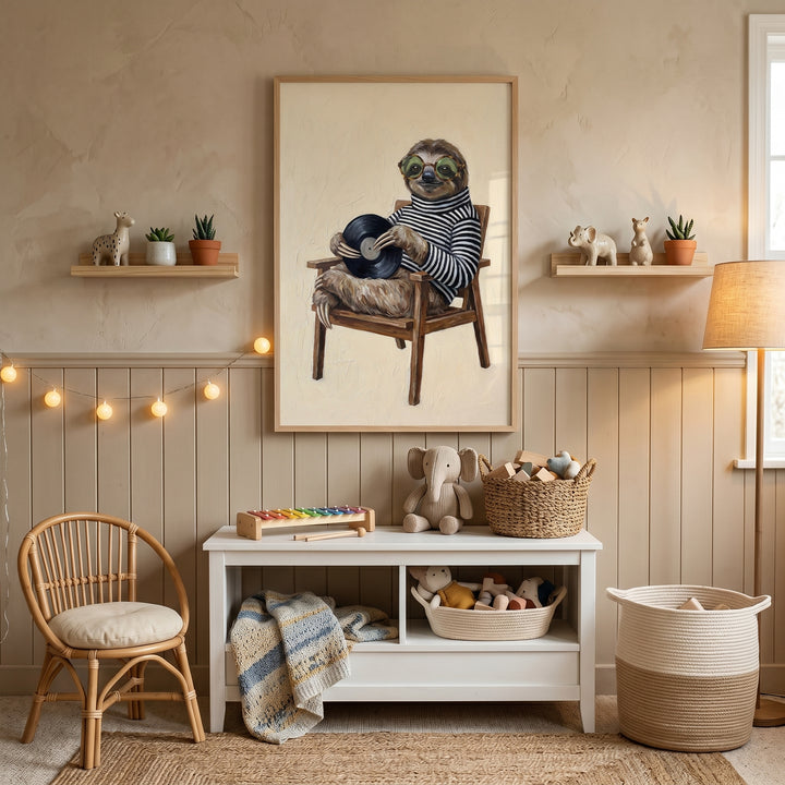 Striped sweater wearing sloth wall art hangs in a neutral nursery with a rattan chair and white toy storage unit.
