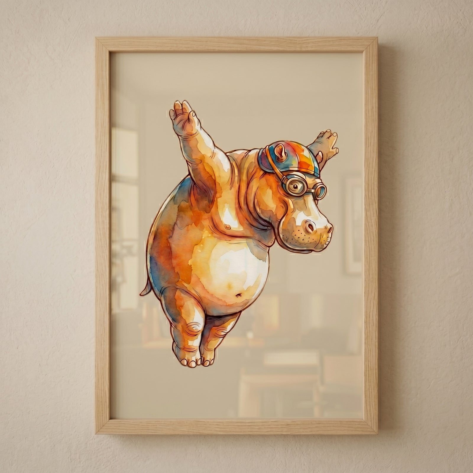 Striped swim cap hippo print features a watercolor hippopotamus diving mid-air with goggles in a wood frame.