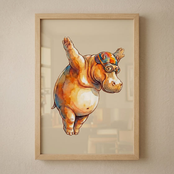 Striped swim cap hippo print features a watercolor hippopotamus diving mid-air with goggles in a wood frame.