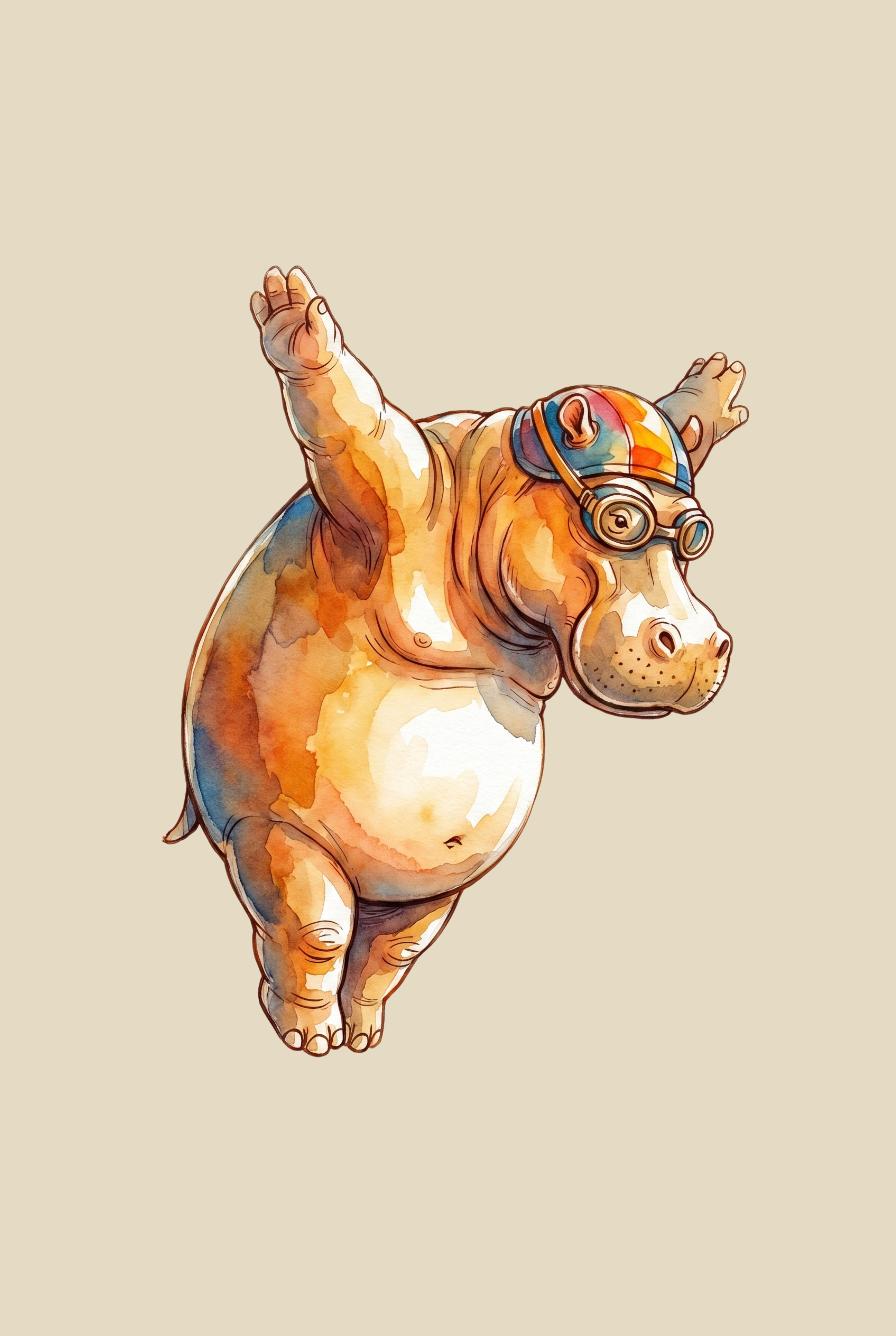 Striped Swim Cap Hippo Print - Goggled Hippo Dive