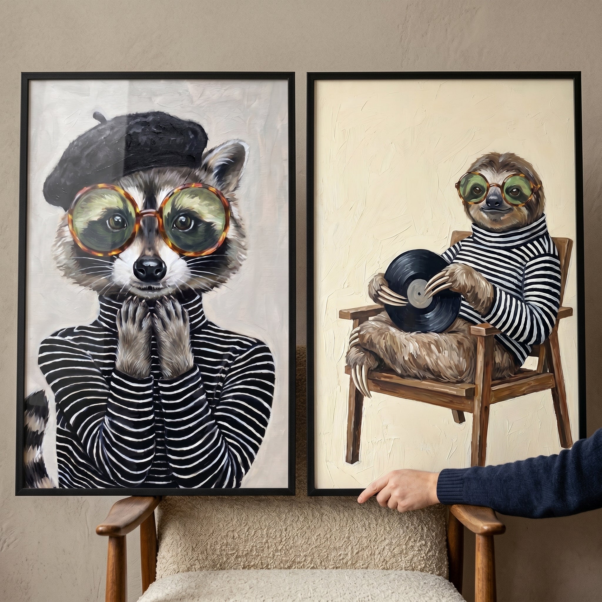 Striped Turtleneck Hipster Animals Wall Art Set of 2 - Chic Striped Animals