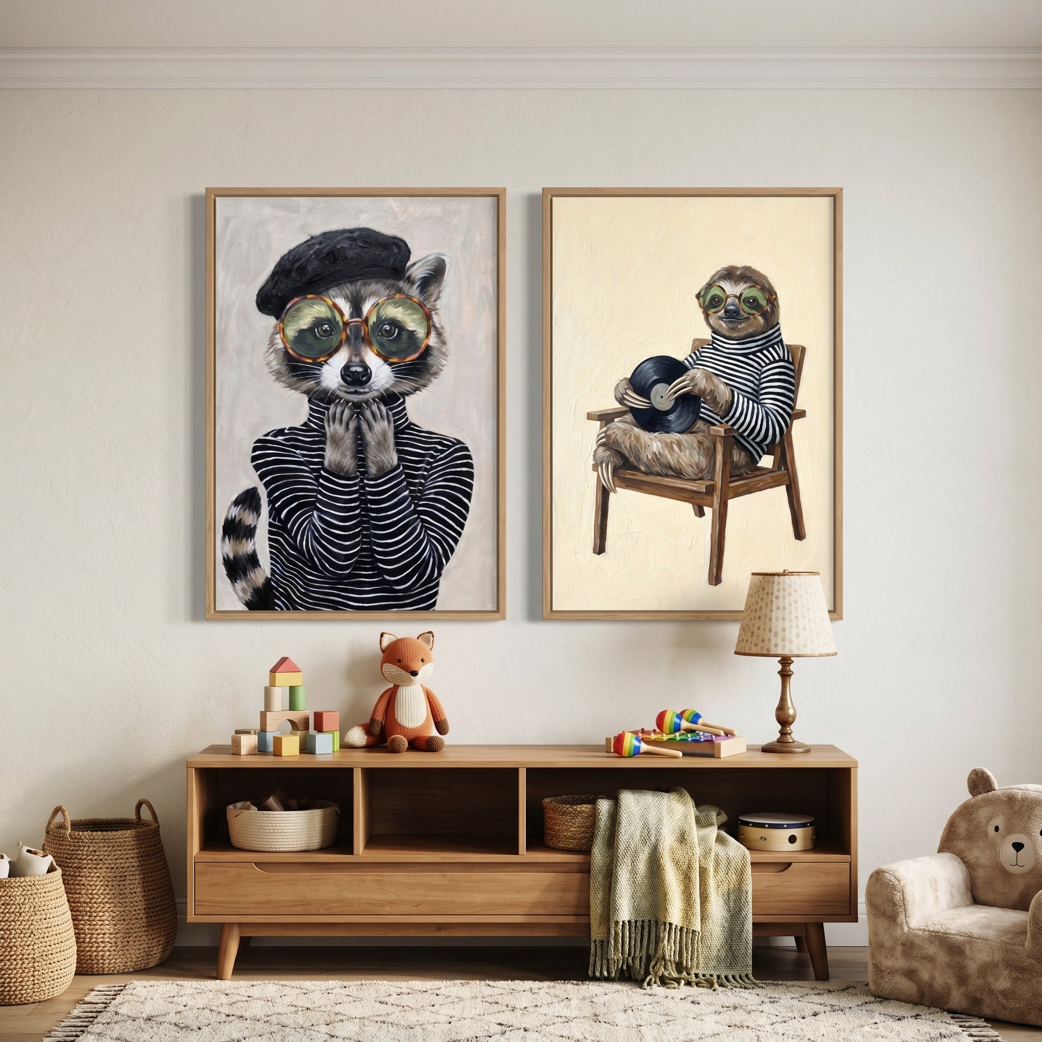 Striped Turtleneck Hipster Animals Wall Art Set of 2 - Chic Striped Animals