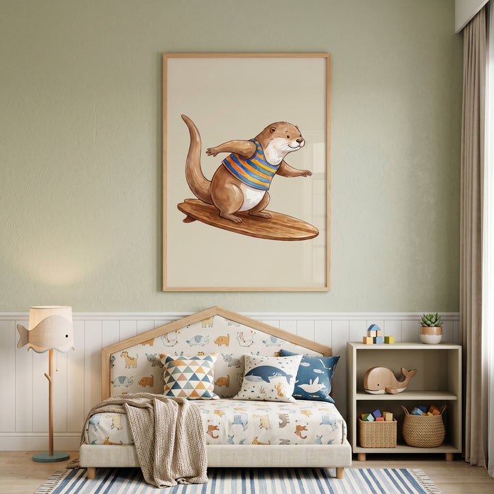 Child's bedroom featuring striped vest surfing otter artwork above a house-shaped bed and a whimsical fish lamp.