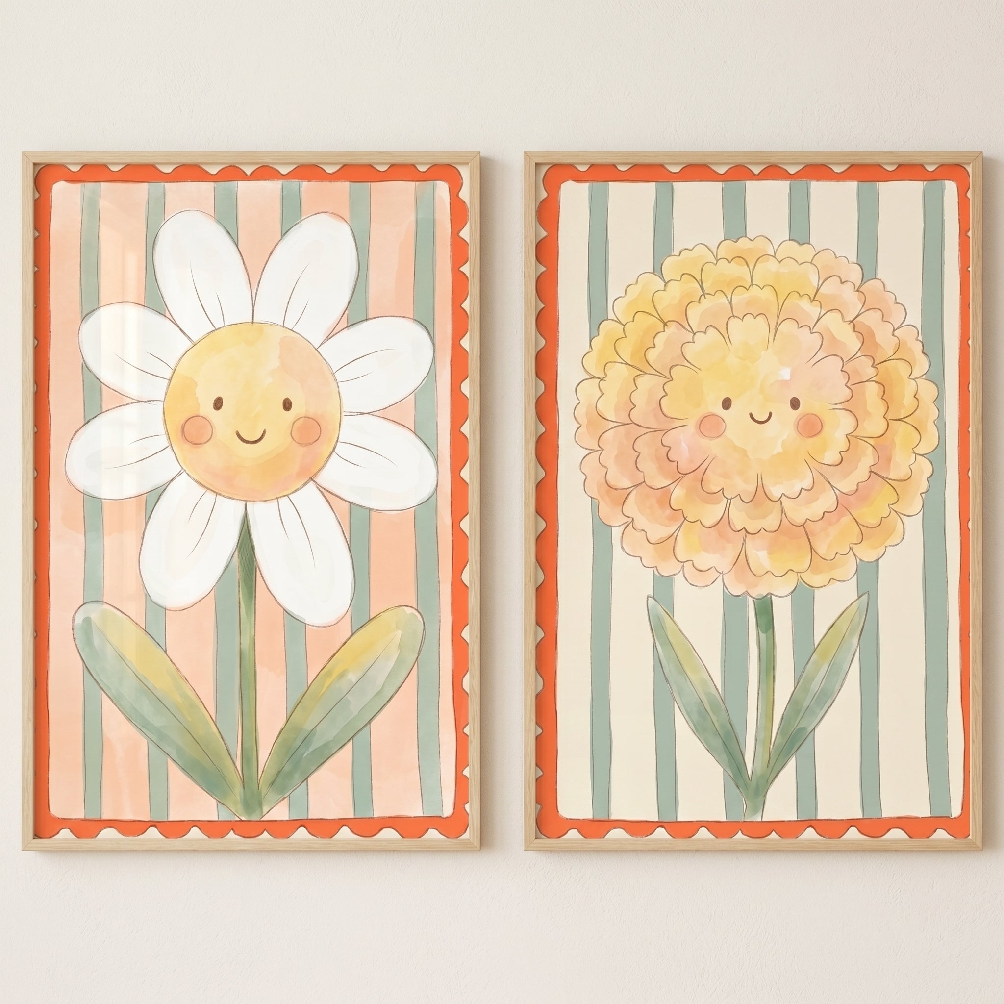 Striped Watercolor Smiling Flower Wall Art Set of 2 - Cheerful Floral Duo