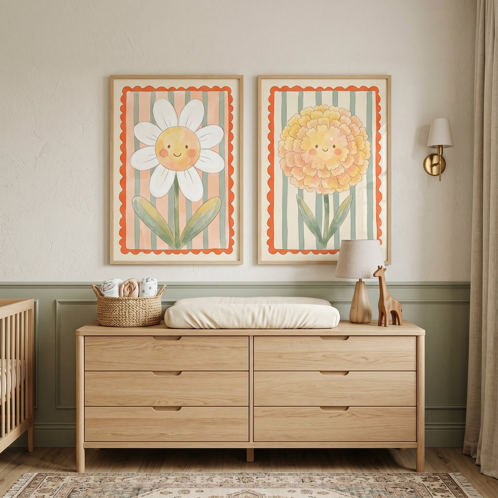 Striped Watercolor Smiling Flower Wall Art Set of 2 - Cheerful Floral Duo