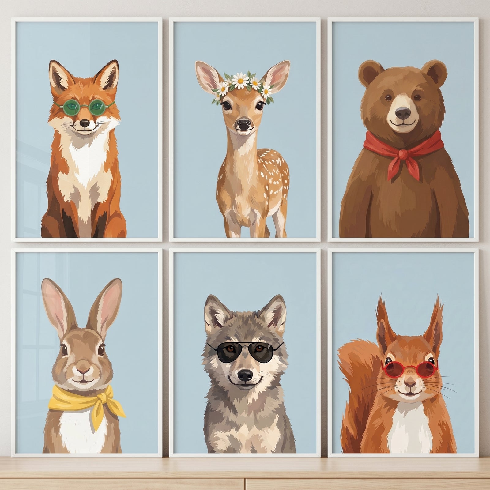 Stylish dapper forest animal wall art set of 6 featuring a fox, deer, bear, rabbit, wolf, and squirrel with accessories.