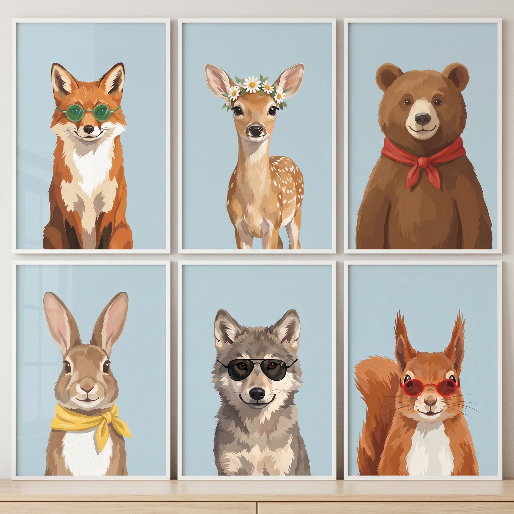 Stylish Dapper Forest Animal Wall Art Set of 6 - Hipster Woodland Crew