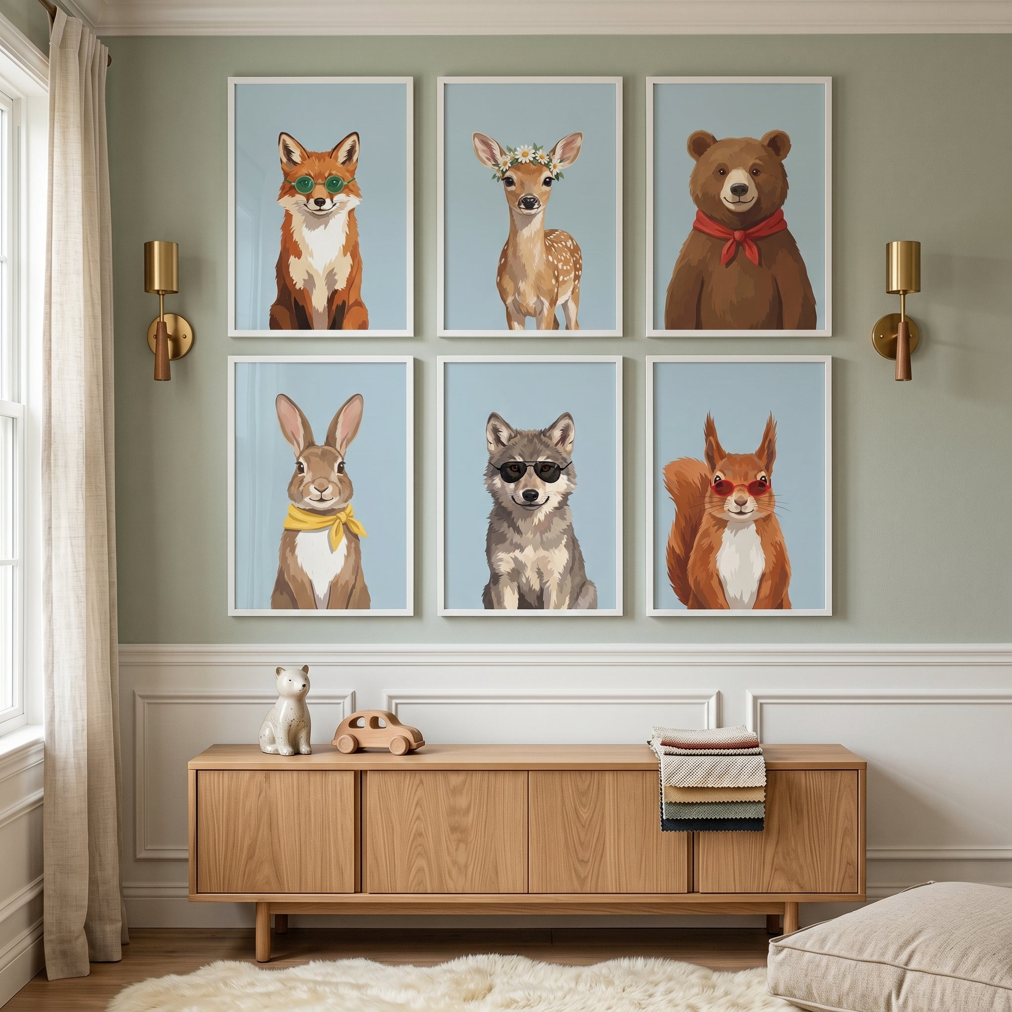 Stylish Dapper Forest Animal Wall Art Set of 6 - Hipster Woodland Crew