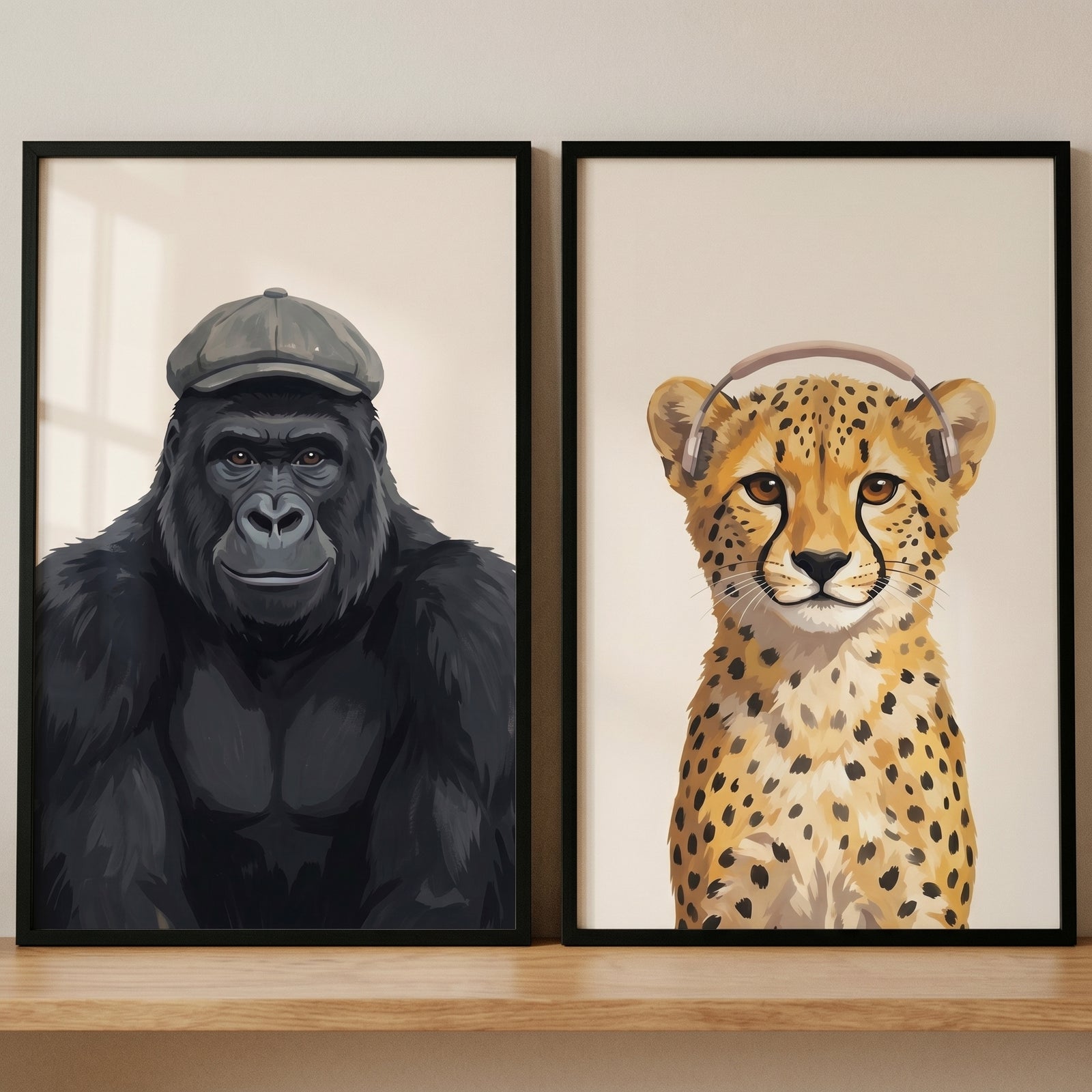 Stylish dapper safari animals artwork set of 2 featuring a gorilla in a flat cap and a cheetah wearing headphones.