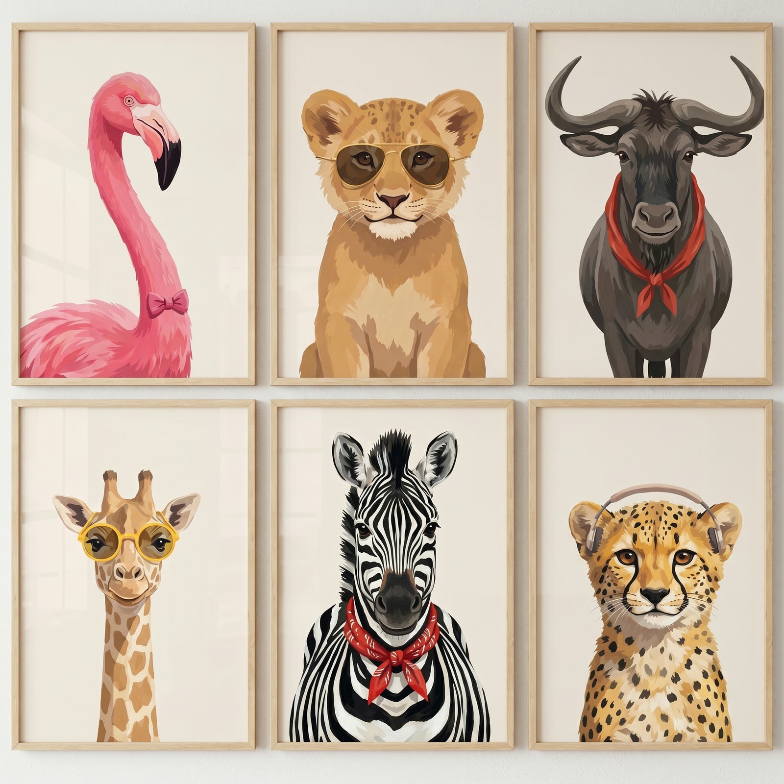 Stylized accessory safari animals wall art set of 6 featuring a flamingo, lion cub, wildebeest, giraffe, zebra, and cheetah.