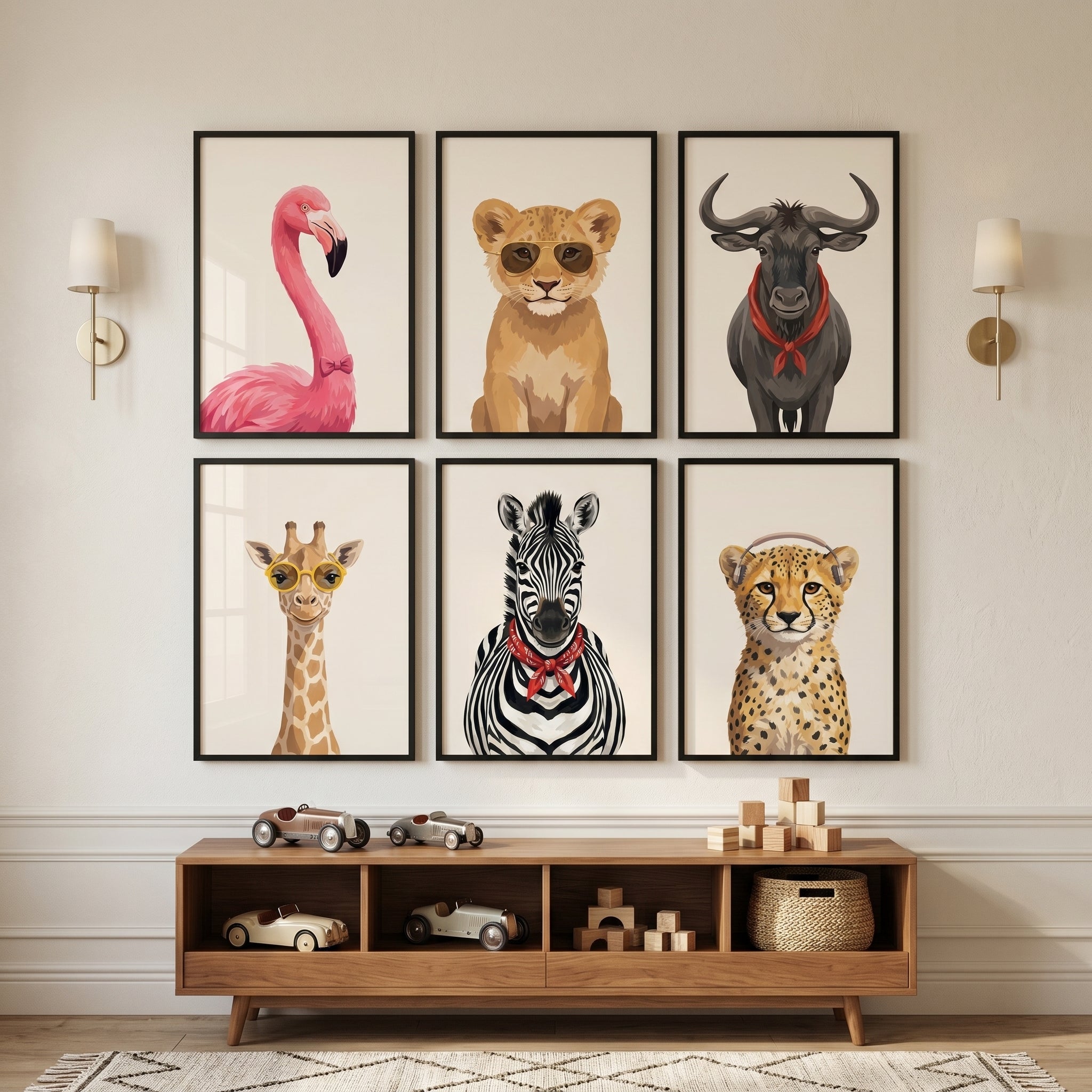 Stylized Accessory Safari Animals Wall Art Set of 6 - Quirky Safari Portraits
