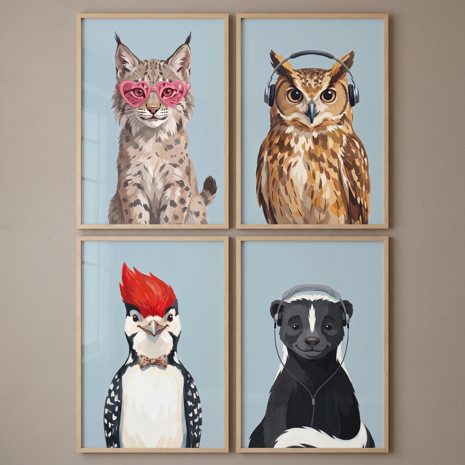 Stylized blue forest animal artwork set of 4 with a lynx, owl, woodpecker, and skunk wearing glasses and headphones.