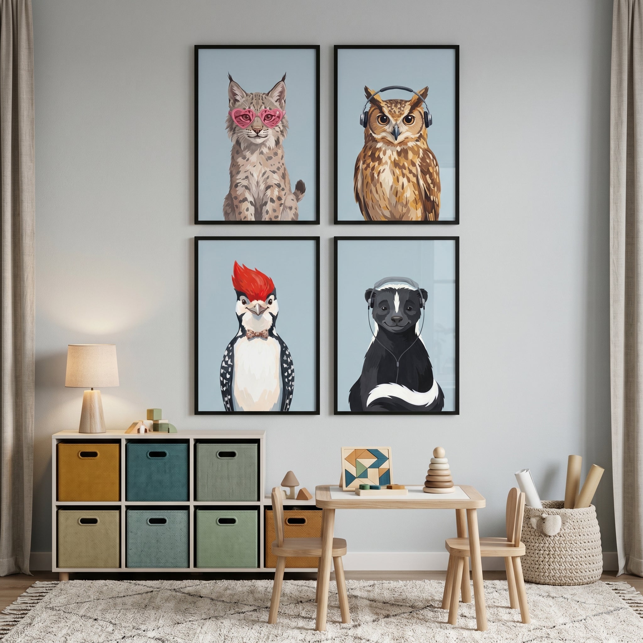 Stylized Blue Forest Animal Artwork Set of 4 - Fashionable Wildlife Portraits