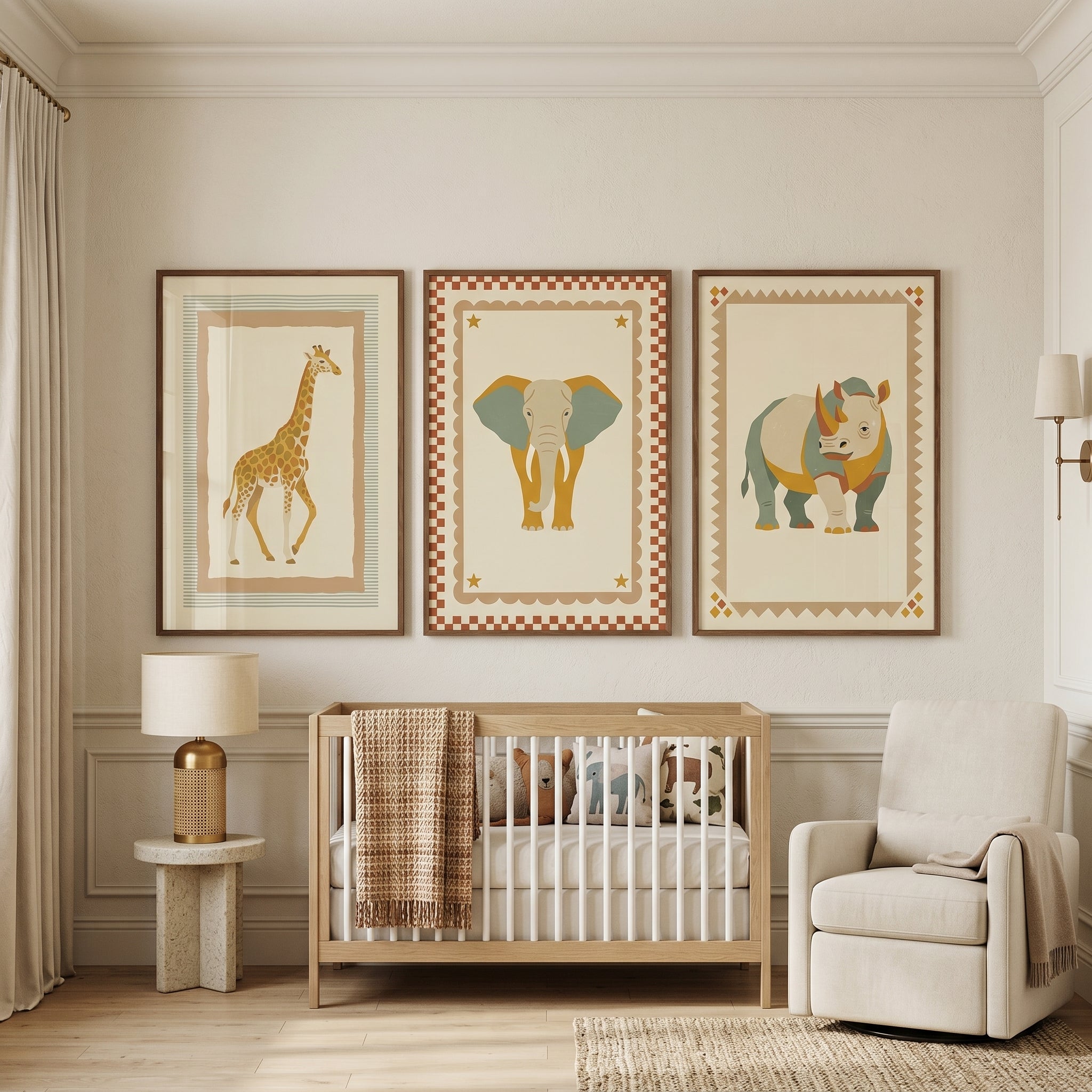Stylized Folk Safari Animal Wall Art Set of 3 - Savanna Friends Set
