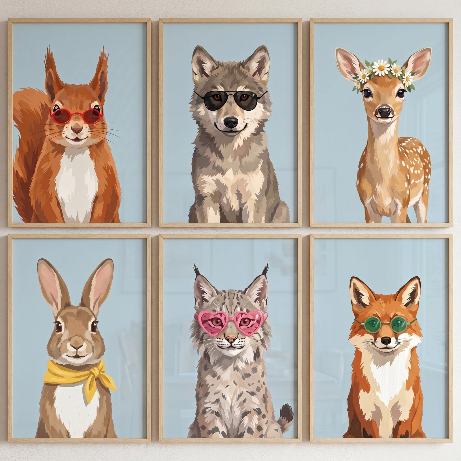 Stylized portrait forest animal artwork set of 6 with a squirrel, wolf, deer, rabbit, lynx, and fox wearing accessories.