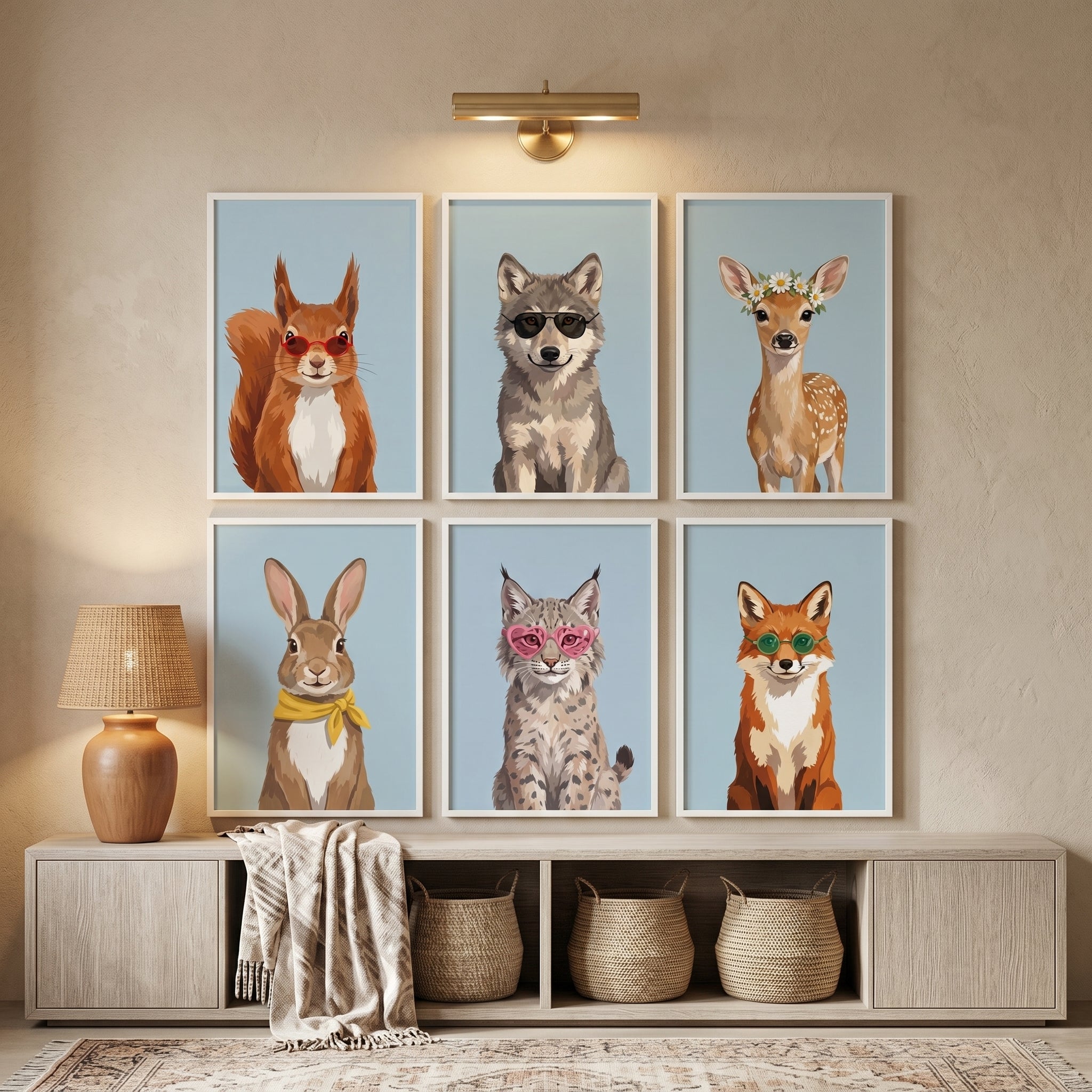 Stylized Portrait Forest Animal Artwork Set of 6 - Cool Woodland Crew