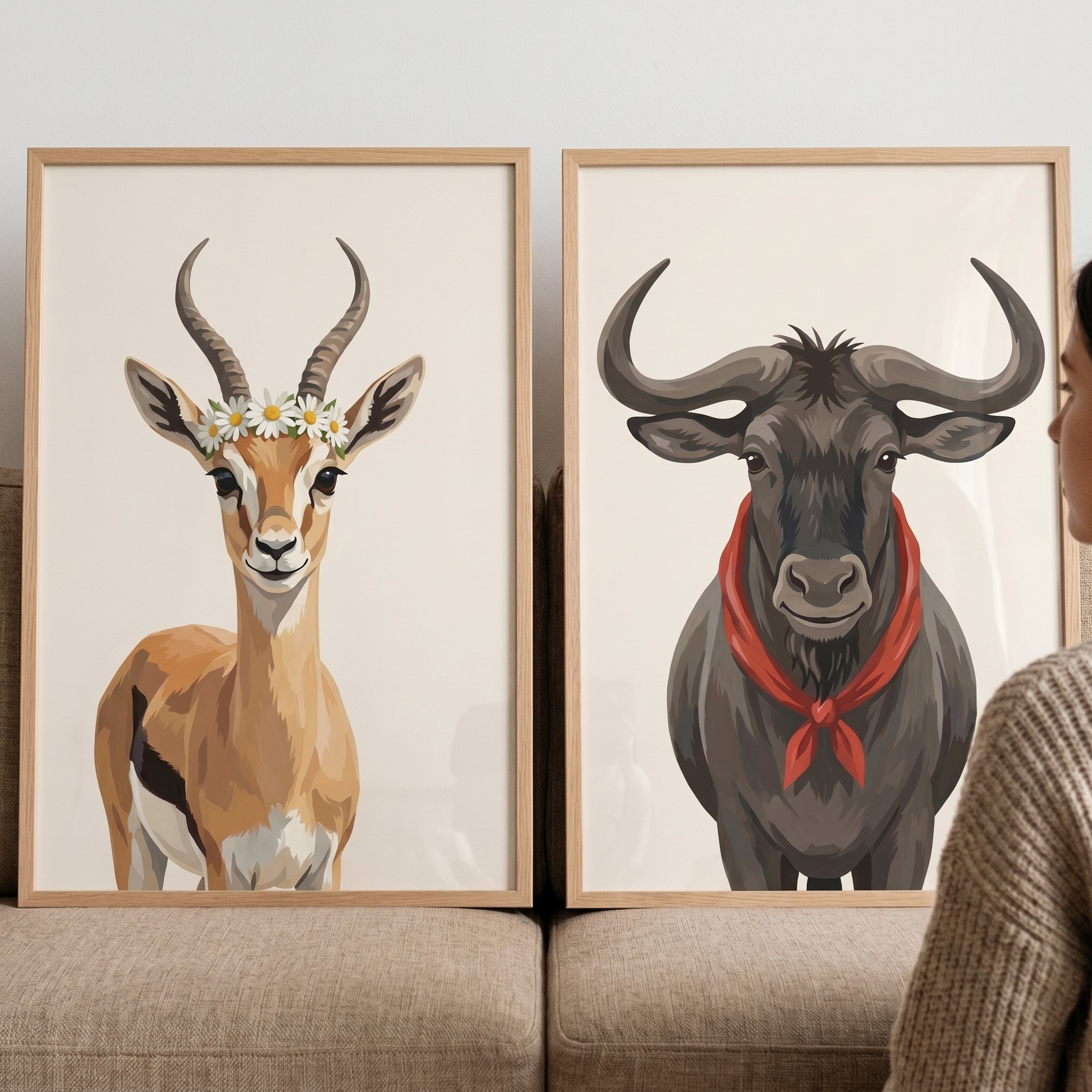 Stylized Portrait Safari Animal Wall Art Set of 2 - Whimsical Safari Duo