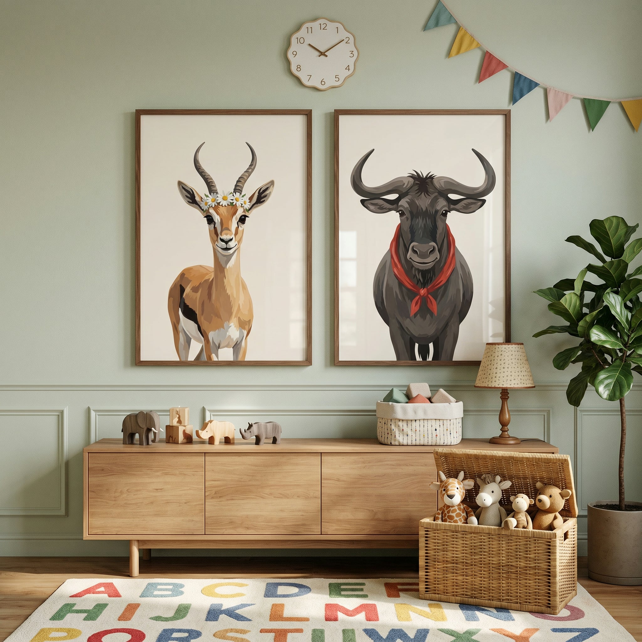 Stylized Portrait Safari Animal Wall Art Set of 2 - Whimsical Safari Duo
