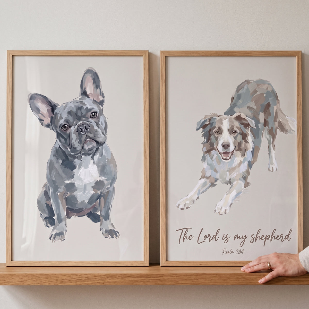 Subtle painterly neutral dogs wall art set of 2 featuring a grey bulldog and a collie with religious scripture.
