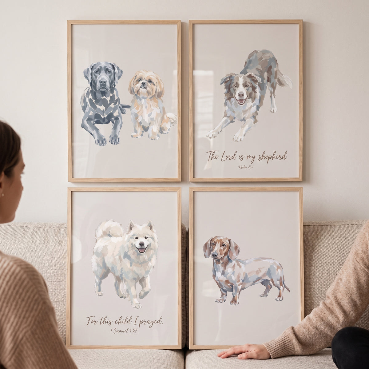 Subtle warm pet dog print set of 4 watercolor breed illustrations and scripture verses in light wood frames.