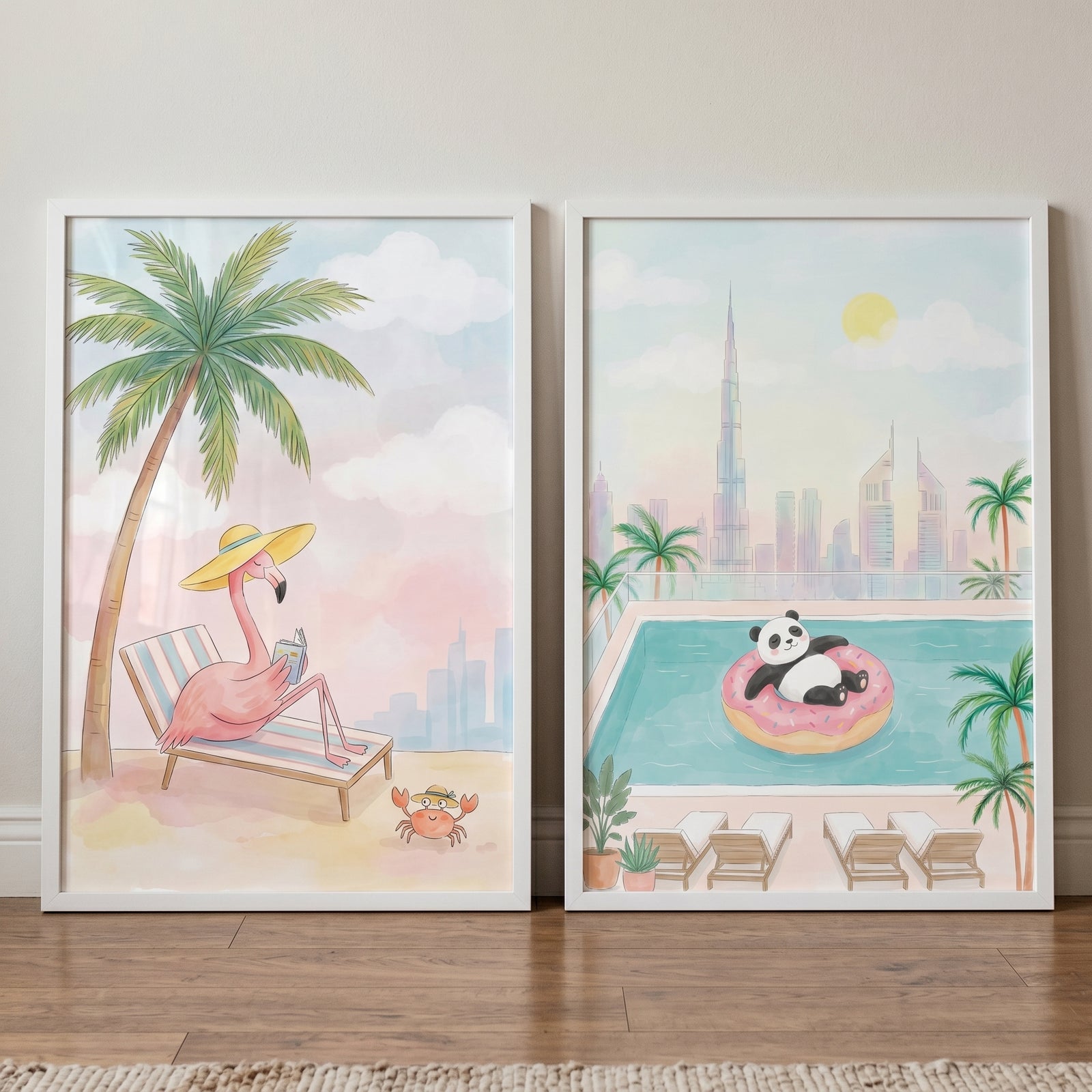 Summer animal wall art set of 2 featuring a flamingo on a beach chair and a panda floating in a pool by city skylines.