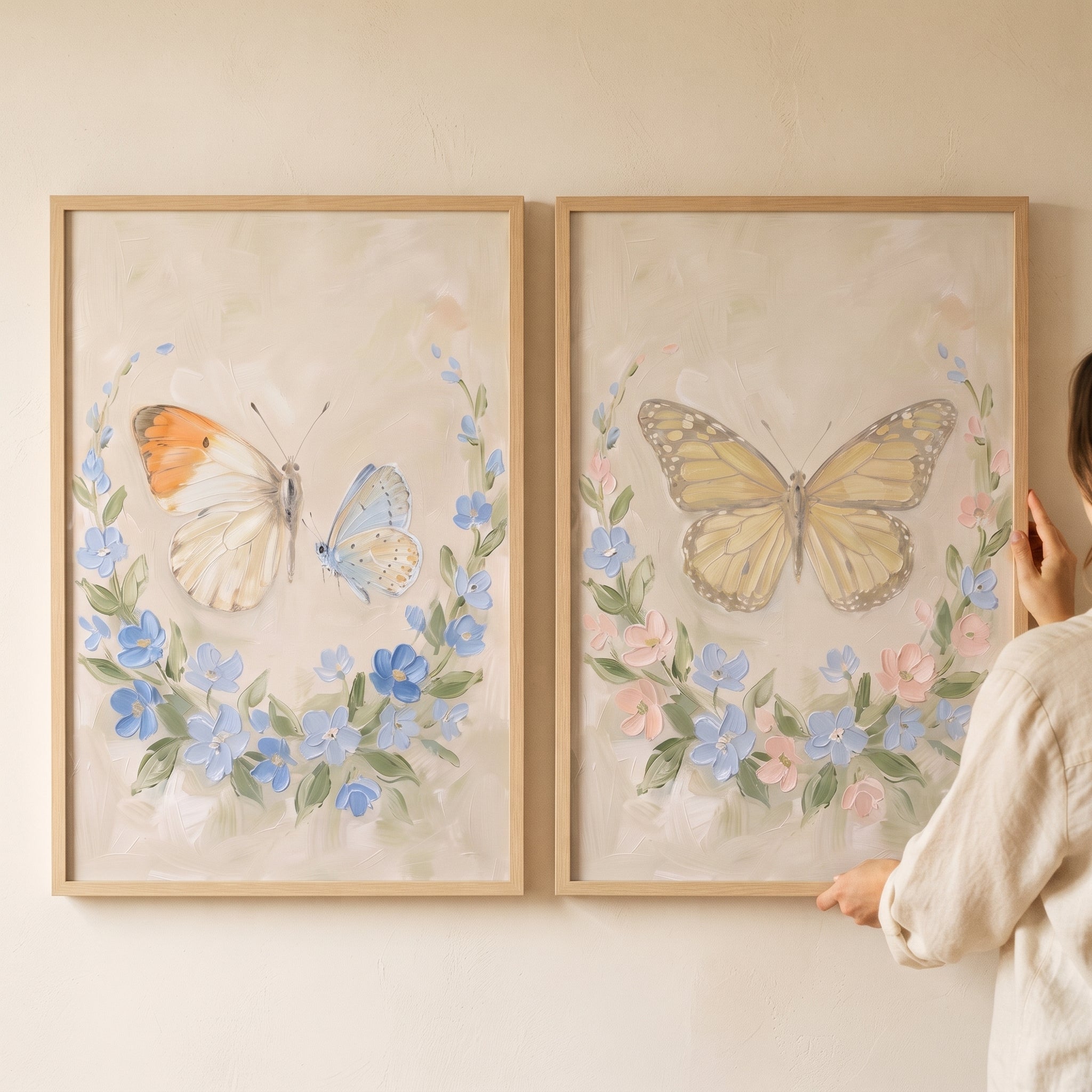 Summer Garden Floral Butterfly Wall Art Set of 2 - Delicate Garden Wings