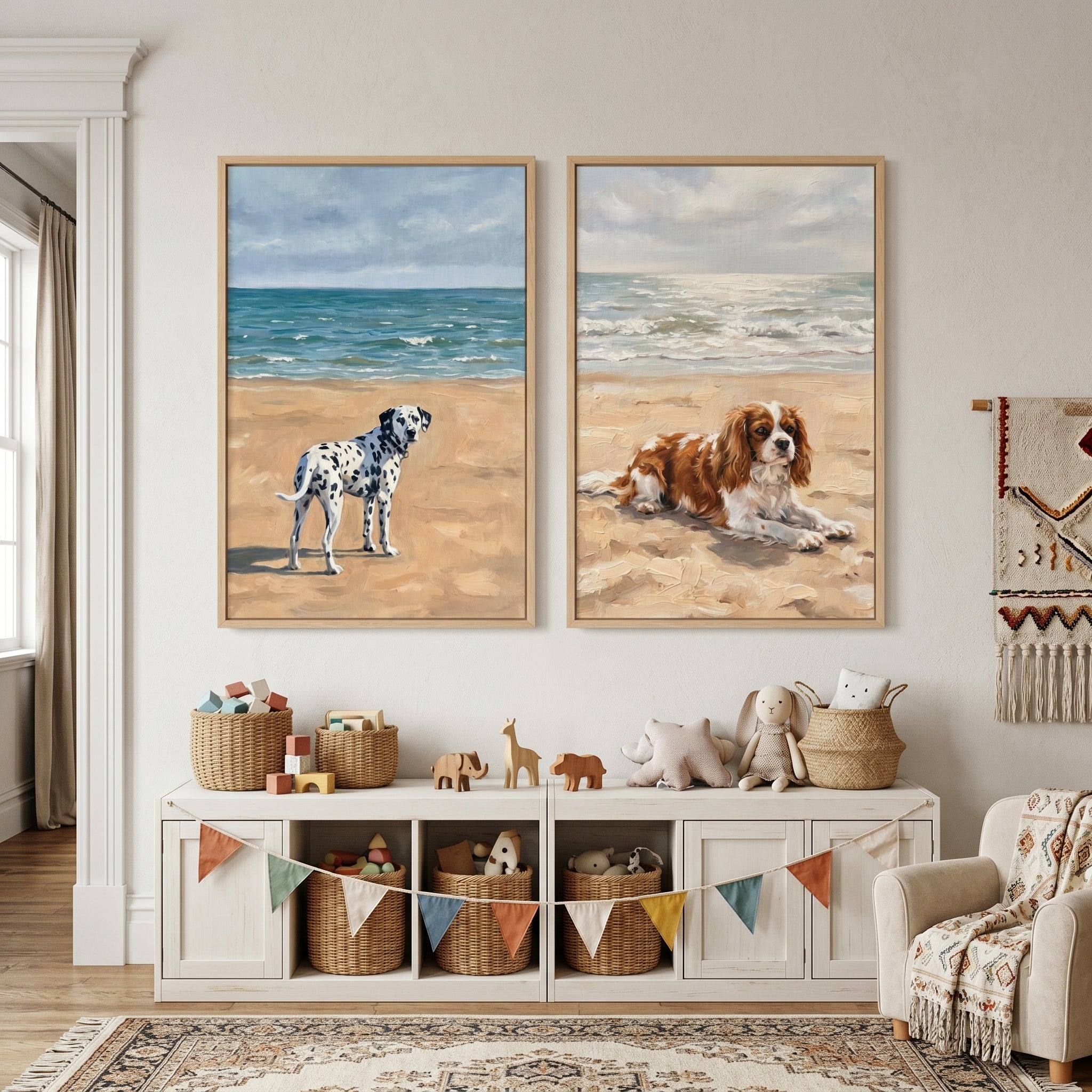 Summer Maritime Sandy Dogs Wall Art Set of 2 - Coastal Canine Pair