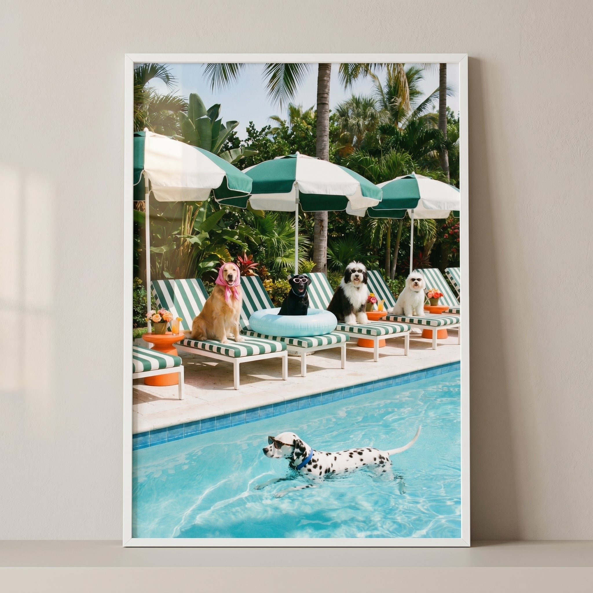 Summer Swimming Pool Dogs Wall Art - Posh Poolside Pups