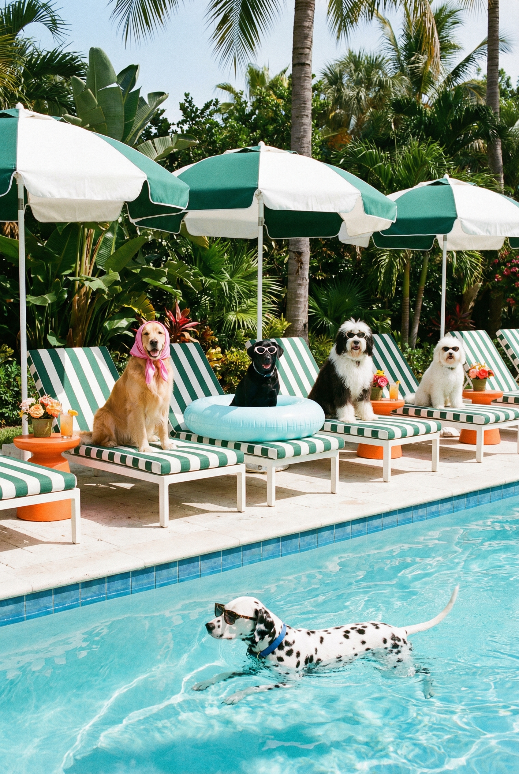 Summer Swimming Pool Dogs Wall Art - Posh Poolside Pups
