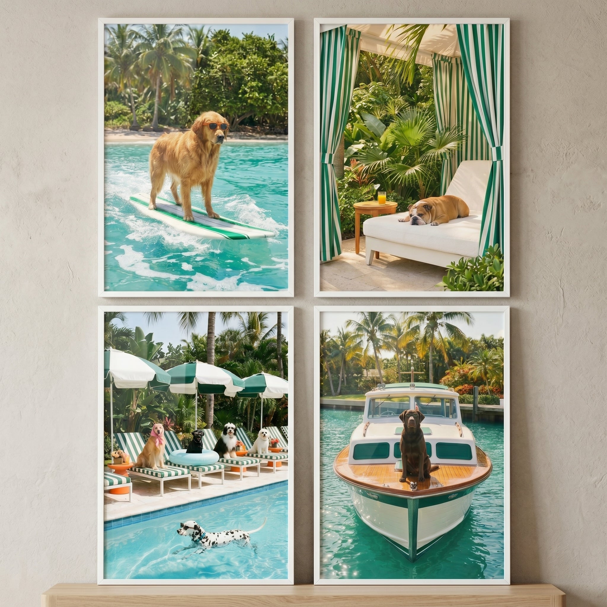 Summer Tropical Dog Wall Art Set of 4 - Posh Pooch Paradise