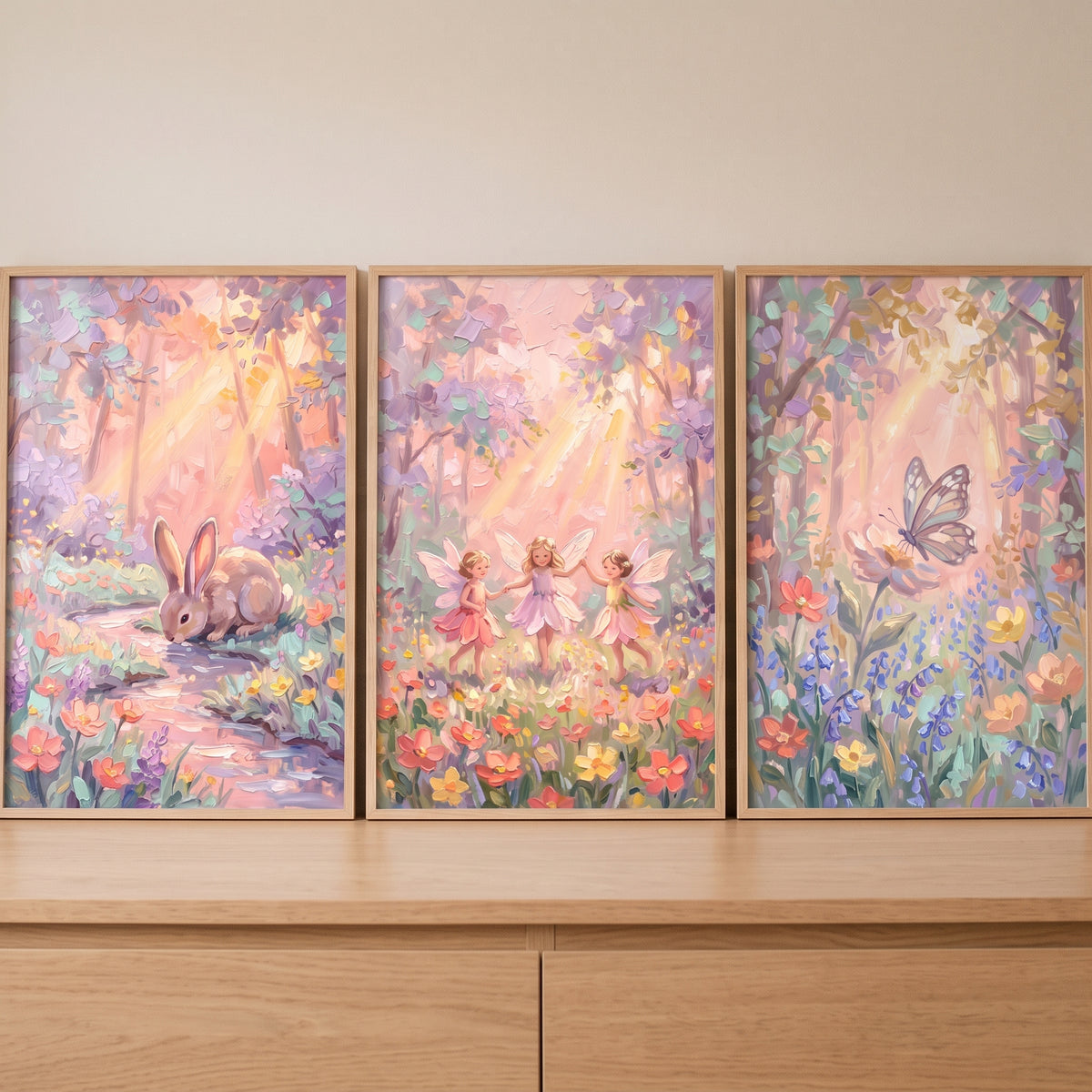 Sun Drenched Pastel Forest Wall Art Set of 3 - Enchanted Forest Dream