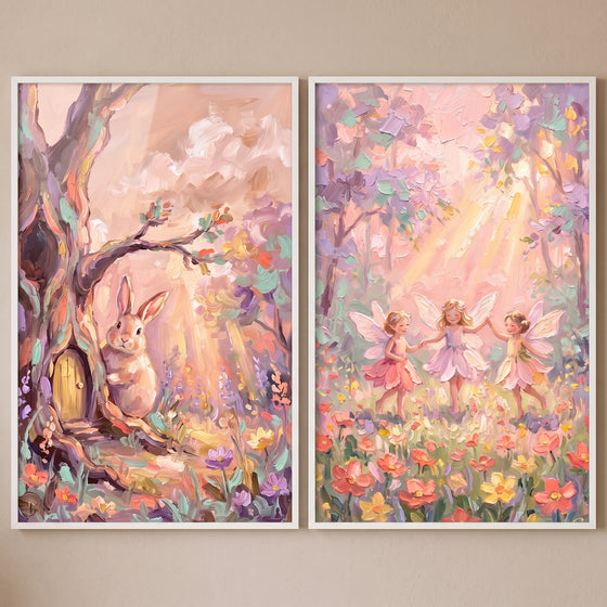 Sun drenched whimsical forest wall art set of 2 with a bunny by a tree door and three fairies dancing in a sunlit meadow.