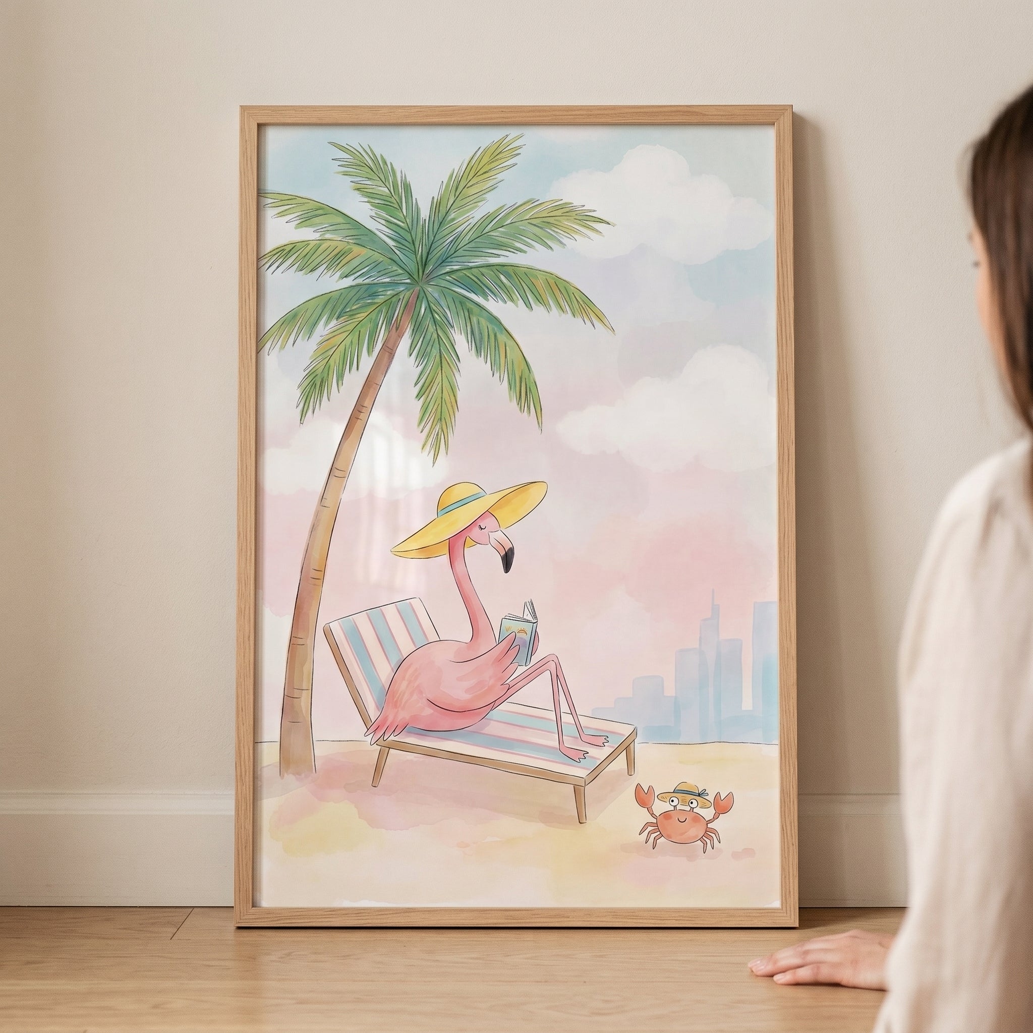 Sun Hat Reading Flamingo Wall Art - Tropical Beach Read