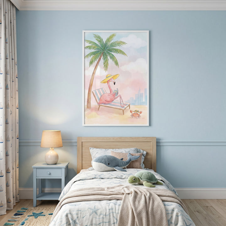 Sun hat reading flamingo wall art hangs above a bed with whale and turtle plushies in a blue room.